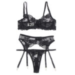 SUBBLIME - SET DE 3 PIEZAS SUJETADOR + TANGA + LIGA ESTAMPADO FLORAL NEGRO S/M - Imagen 5