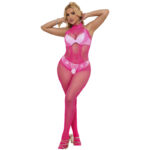 SUBBLIME - 952389 BODYSTOCKING CROTCHLESS DE REJILLA Y ENCAJE CON CUELLO ALTO ROSA TALLA ÚNICA - Imagen 4