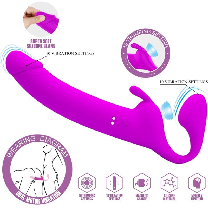 PRETTY LOVE - ZANINI DILDO STRAP-ON SIN ARNÉS 10 VIBRACIONES MORADO